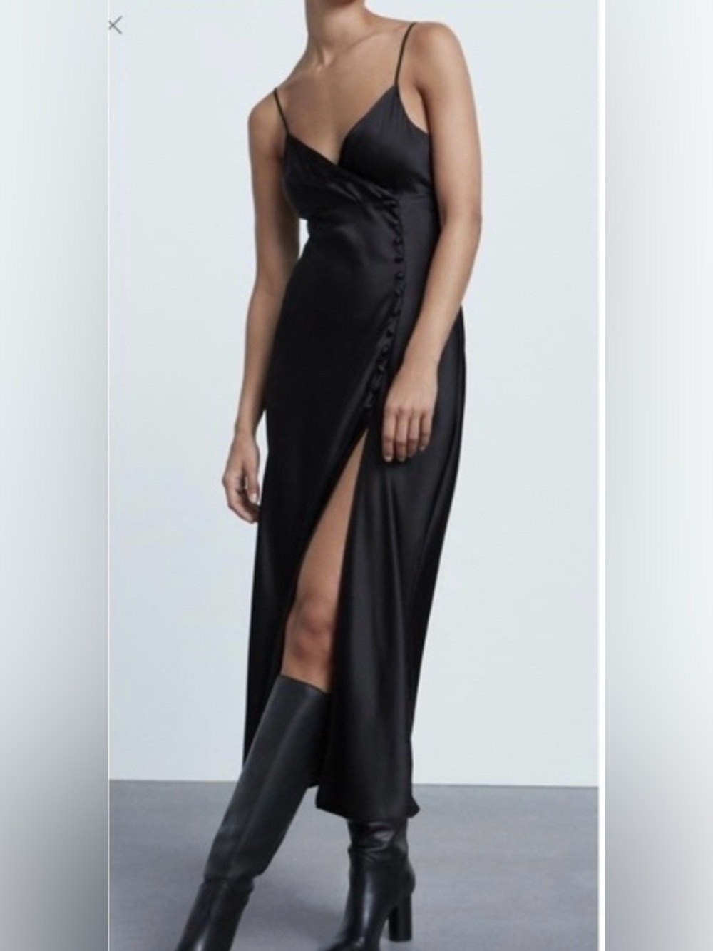 Zara Black High-Low Satin Slip Dress with Side Buttons